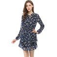 thumbnail image 2 of INSPIRE CHIC Robe en Mousseline à Manches Longues pour Femme, Imprimé Floral, Taille Smockée, Col en V, S Bleu Foncé, 2 of 7