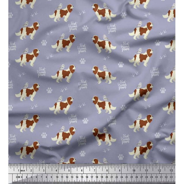 Soimoi Grey Georgette Viscose Fabric Bird,Paw & Cocker Spaniel Dog Printed Fabric 1 Yard 42 Inch Wide