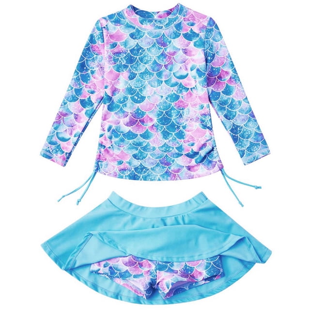 Kid Girls Rash Guard Swimming Bathing Suit Ruffle Floral Pattern Sun Protection Long Sleeve Summer Bathing Suits 7-8 Years