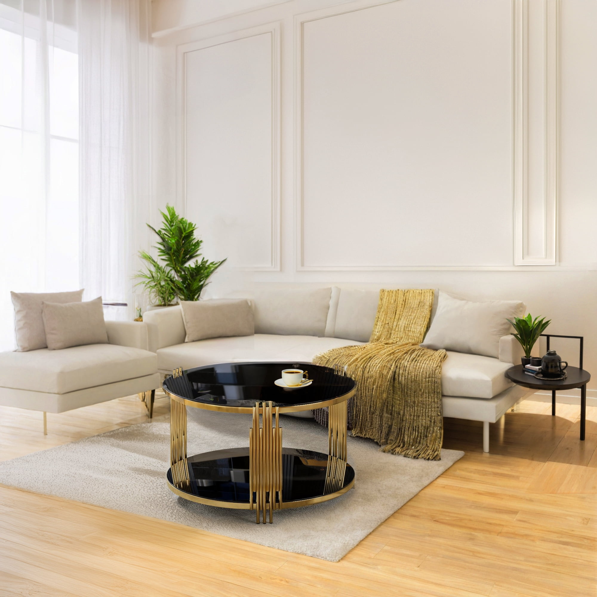 Table basse moderne en verre Noble House 31,5 po, fini doré, noir et or