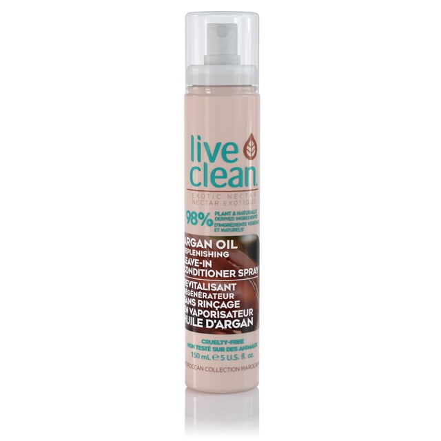 Live Clean Exotic Nectar Argan Oil Leave-in Conditioning Spray in a 150 mL beige cylindrical bottle with clear spray cap, featuring teal and white text highlighting 98% plant-derived ingredients, cruelty-free formula, and argan oil for hair conditioning and moisture sealing.