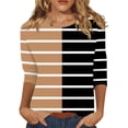 thumbnail image 2 of RXIRUCGD T-shirt à Rayures pour Femme à Col Ras du Cou à Manches 3/4, Kaki, Taille : 3TG, 2 of 5