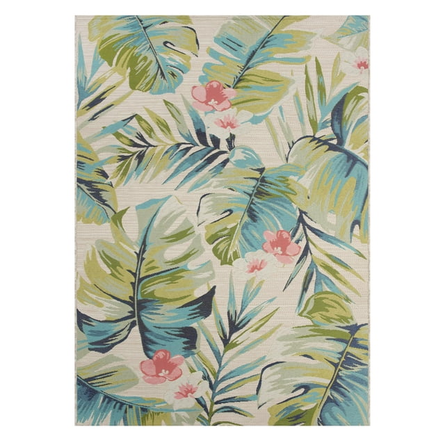 Better Homes & Gardens 7' x 10' Multi Colour Tropical Oasis Outdoor Rug with a tapestry-woven design featuring large tropical palm leaves and pink floral accents in terracotta, ivory, green, and blue, made from a durable, weather-resistant polypropylene and polyester blend suitable for outdoor or indoor use and easy to clean with a garden hose.