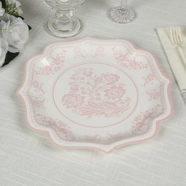 CUITING 25 Pack White Pink Paper Dessert Plates in Damask Floral Pattern 8” Round Disposable Salad Appetizer Plates with Scalloped Rims - 300 GSM