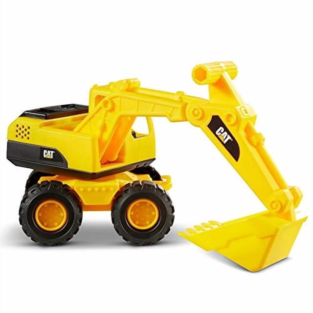 Cat® Construction Fleet Excavator 10” push-powered toy excavator with articulated boom and bucket, weather-resistant construction and large rugged wheels for indoor or outdoor play; suitable for ages 2+, often used for sandbox play.