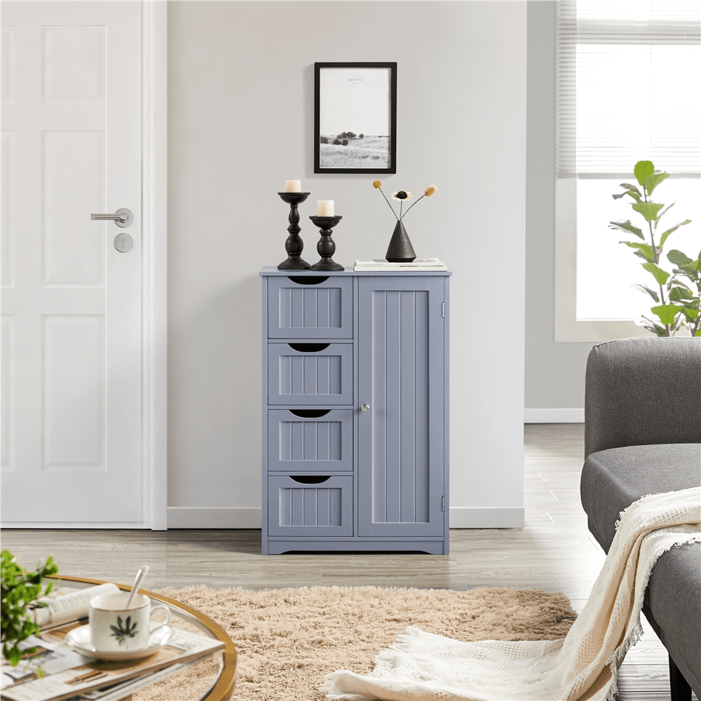 FullFurnique Modern Wooden Bathroom Floor Cabinet with 4 Drawers & Cupboard, Gray