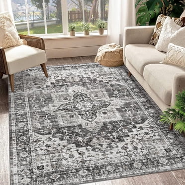 Tapis Lavable à la Machine 5x7 Tapis Vintage Usé pour Salon Chambre Médaillon Traditionnel Antidérapant Résistant aux Taches Tapis d'Accent Carpette pour Déco Maison Décoration de Sol, Gris