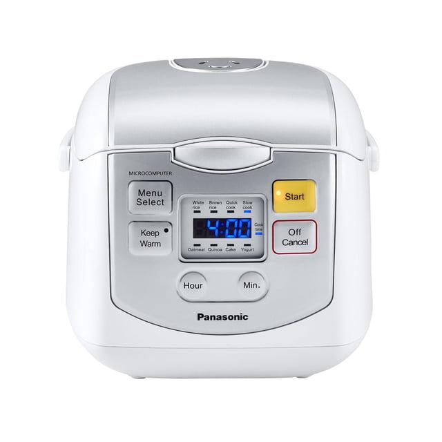 Panasonic SRZC075W Multi-Function Rice Cooker in white with silver top panel, featuring 8 preset cooking programs including white rice, brown rice, quick and slow cook, with a blue LCD timer display, start and cancel buttons, keep warm function, and microcomputer control, suitable for small households and versatile cooking.
