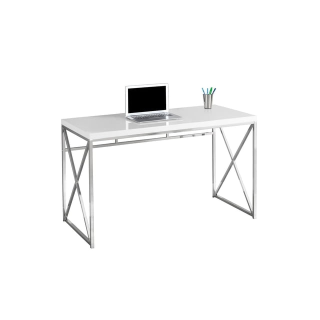 Monarch Specialties Computer Desk with a glossy white scratch-resistant laminate top and chrome metal criss-cross legs, featuring thick panel construction and a modern design ideal for home office and laptop use.