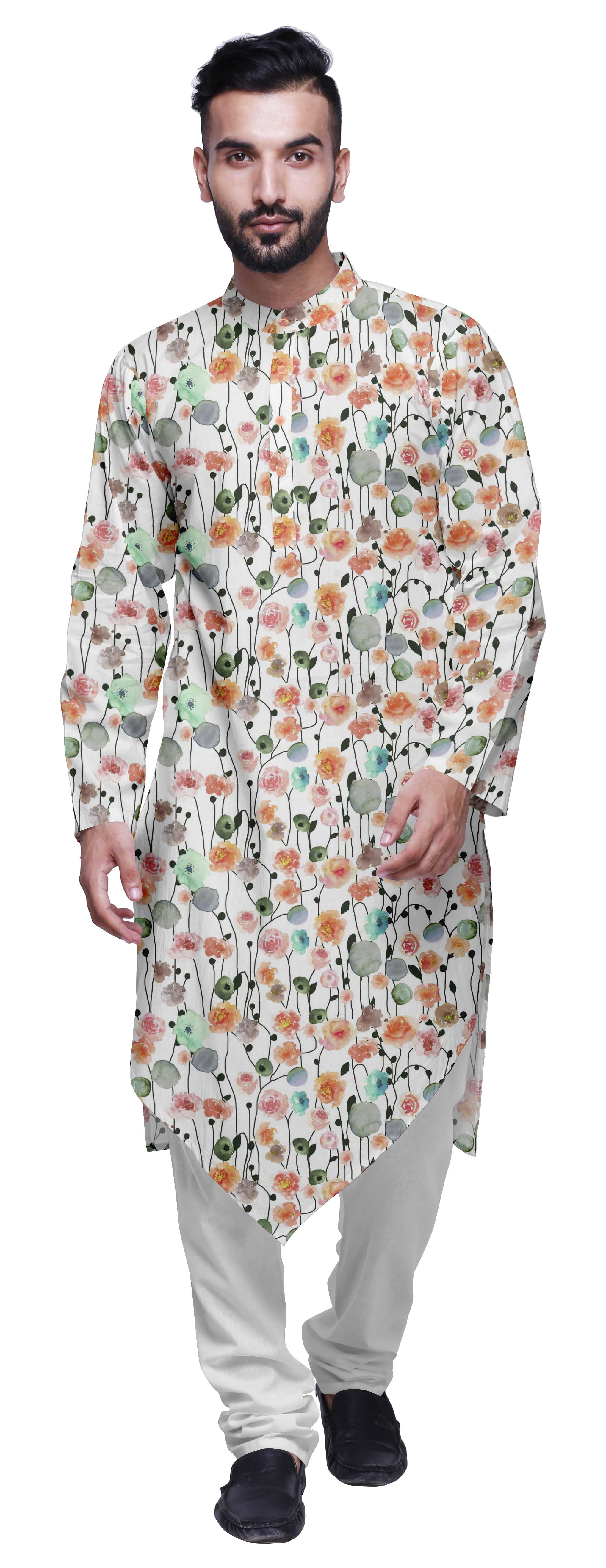 Atasi Kurta Asymétrique à Manches Longues en Coton Flex pour Hommes, Kurta Imprimée de Designer