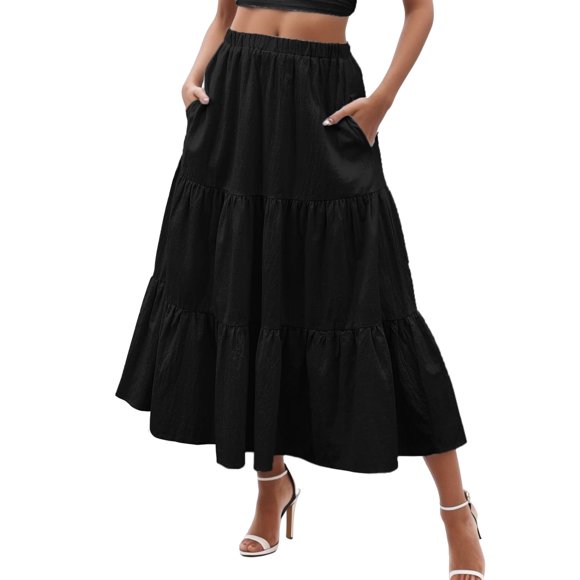 2025 Skirt Long Swing Women’S Mini Skirt Dress Boho Pleated Elastic Skirt Sets Women 2 Piece Outfits Waist with Pockets Flowy Skirts for Women Summer A Line Beach Tiered