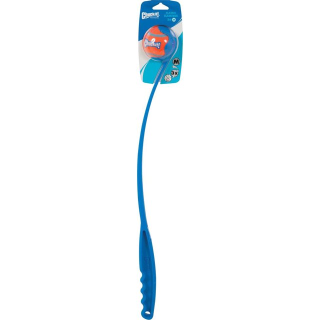CHUANK Classic Ball Launcher Dog Toy in assorted colors, measuring 26 inches in length. The plastic launcher features a curved handle for easy grip and a cupped end designed to securely hold a tennis ball. Includes one brightly colored orange and blue tennis ball for high visibility. Ideal for enhancing fetch games by increasing throwing speed and distance, suitable for outdoor use on grass, sand, or water. Compatible with standard tennis balls and designed to keep hands clean during play.