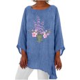 thumbnail image 1 of Birdeem Womens 3/4 Sleeve Round Neck Cotton Linen Shirt Personalized Print Tops Loose Irregular Hem Blouse, 1 of 1