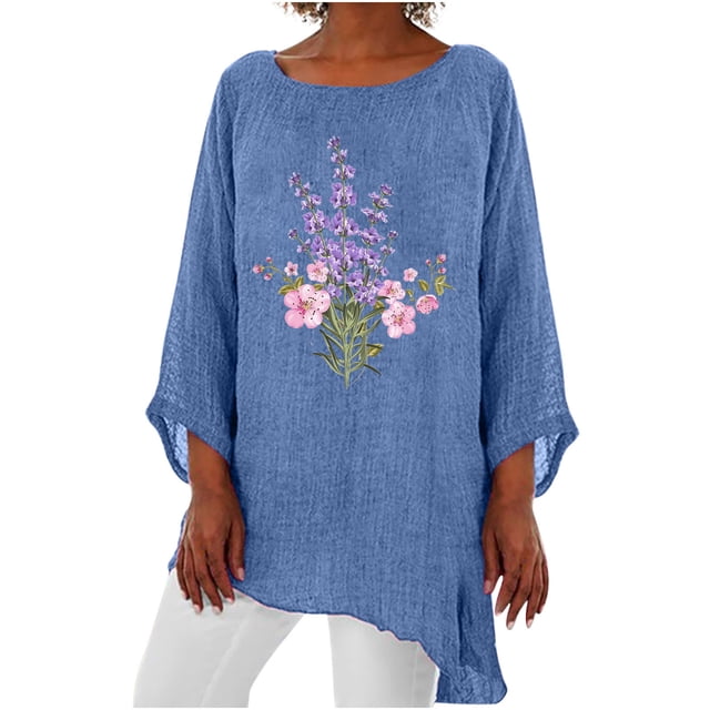 Birdeem Womens 3/4 Sleeve Round Neck Cotton Linen Shirt Personalized Print Tops Loose Irregular Hem Blouse