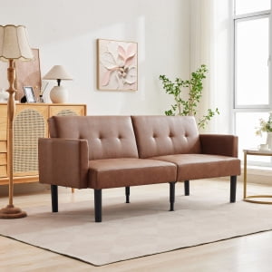 Compact Futon Sofa Bed,75.5inch Loveseat Sleeper Sofa Convertible Couch, Mid-Century Modern PU Brown Leather Couches for Small Space Living Room