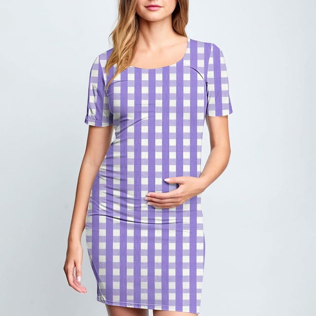 Ovzne Robes Grande Taille pour Femmes aux Formes Robe Femme à la Mode Imprimée Plissée Jupe de Maternité à Manches Courtes Col Rond Robe Mi-Mollet Robe de Printemps à Manches Courtes Imprimée Liquidation