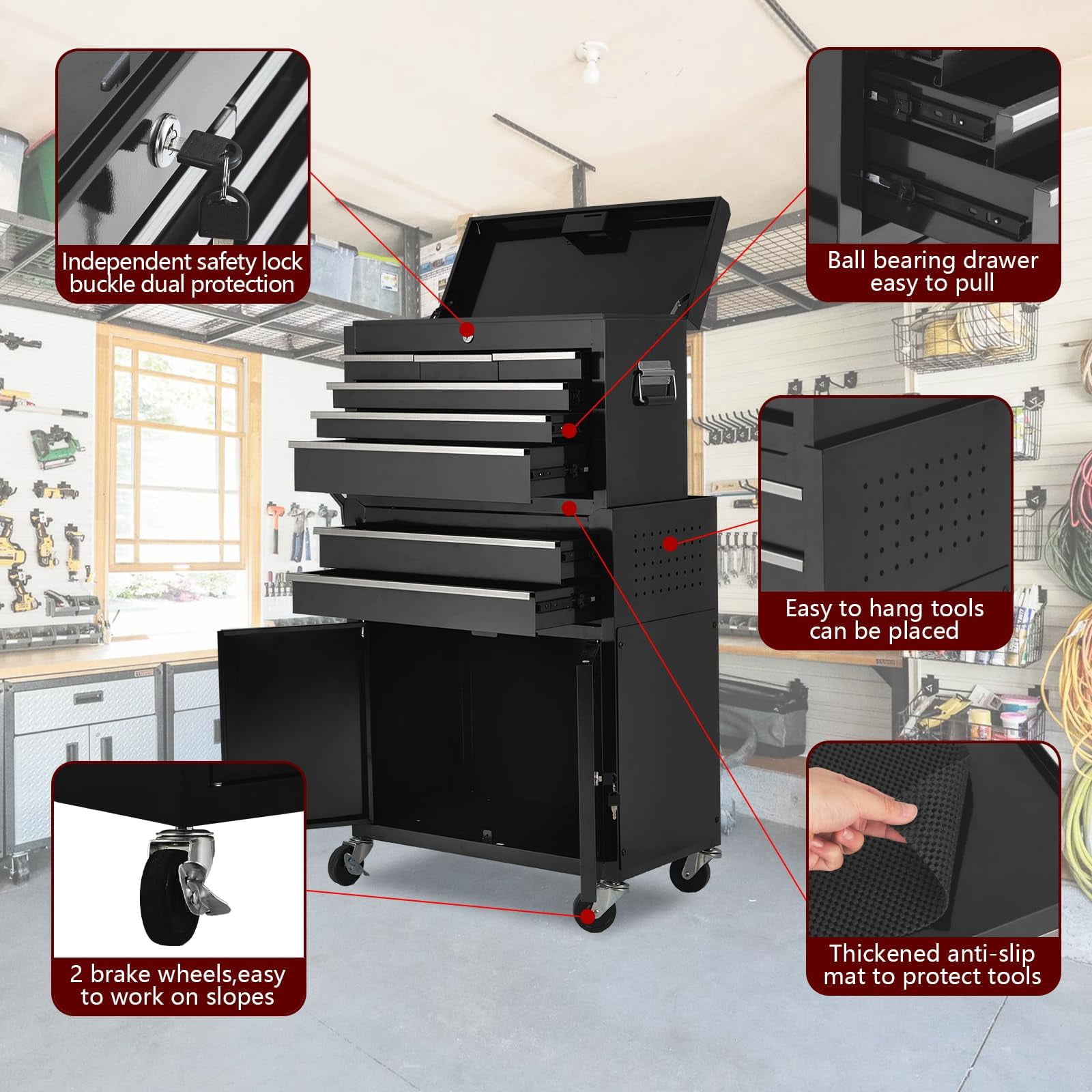 BeesClover Tool Chest,8-Drawer Heavy Duty Rolling Tool Chest with Detachable Toolbox Steel Tool Storage Cabinet Sliding Drawers Lockable Wheels for Garage Workshop Mechanic Tools Organization Black