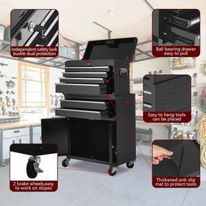 BeesClover Poitrine à outils,8-Drawer Coffre d'outils à roulettes robustes avec boîte à outils amovible acier de rangement d'outil tiroirs coulissants roues verrouillables pour garage atelier outil mécanique Organisation noir
