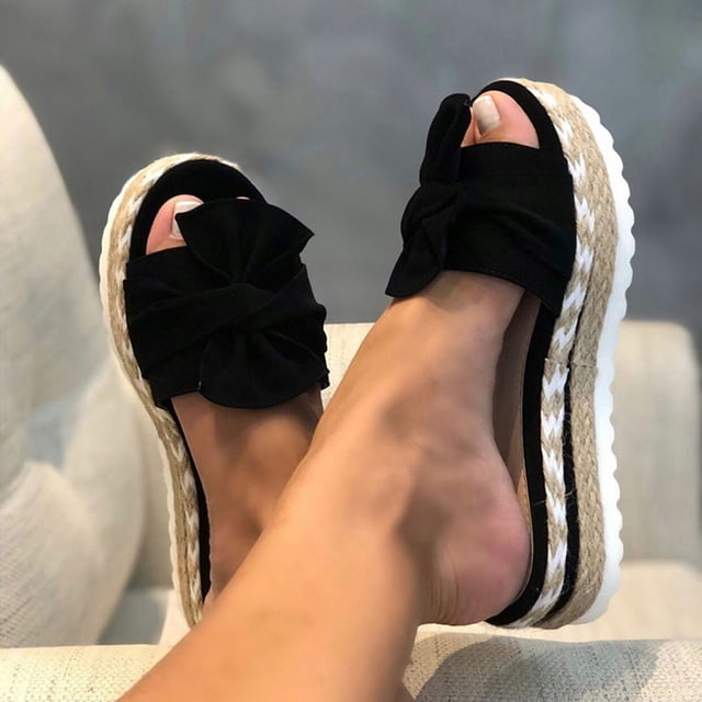 LSLJS Pantoufles pour Femmes, Pantoufles d'Été de Plage pour Femmes avec Nœud, Plateforme, Talons Compensés, Chaussures Grande Taille