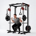 thumbnail image 1 of Memoryfield Multi-Functional Fitness Power Cage, Squat Rack with Dual Pulley for Complete Home Strength Workout, Red, 1 of 9