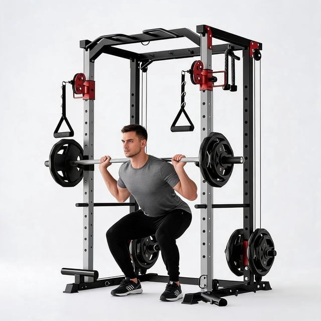 Memoryfield Multi-Functional Fitness Power Cage, Squat Rack with Dual Pulley for Complete Home Strength Workout, Red