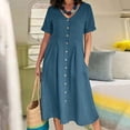 thumbnail image 1 of Robe d'Été Boho Mode Femme Été Décontractée Col en V Uni Manches Courtes Bouton Poche Coton Lin Robe Manches Courtes en Liquidation, 1 of 1