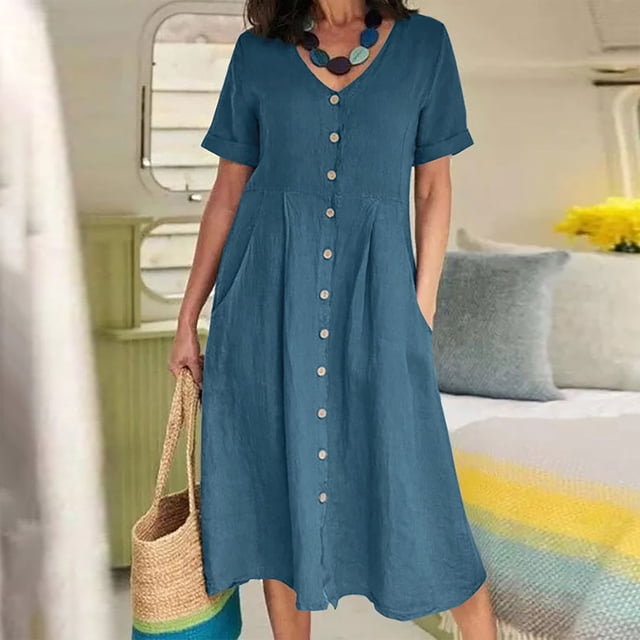 Robe d'Été Boho Mode Femme Été Décontractée Col en V Uni Manches Courtes Bouton Poche Coton Lin Robe Manches Courtes en Liquidation