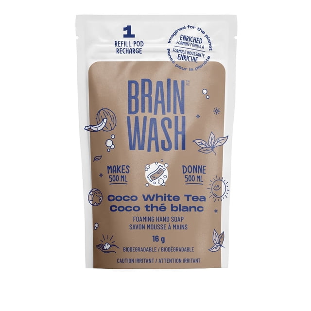Brain Wash Foaming Hand Soap Refill Pod - Coco White Tea in a white and brown pouch with blue text, containing one pod that makes 500 ml of biodegradable foaming hand soap, enriched foaming formula, labeled as irritant, ideal for reusing bottles to reduce plastic waste.