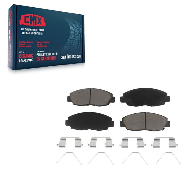 CMX Front Ceramic Disc Brake Pads CMX-D1578 for Car Honda Civic, designed for optimal braking performance with CeramiX™ high-density ceramic compound, low dust, and noise reduction. Features rubberized stainless steel shims and high carbon steel alloy construction with anti-rust black paint. Compatible with Honda Civic models from 2012 to 2015. Ideal for automotive replacement parts. Box and brake pad set displayed with included hardware.