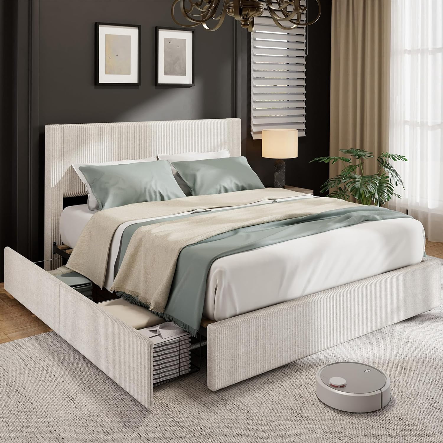Twister.CK Full Size Bed Frame with Tufted Headboard, Upholstered Platform Bed Frame with 4 Storage Drawers and Wooden Slats Support, No Box Spring Needed, Beige