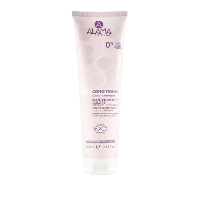 Alama color conditioner Gluten FREE in a 300 ml (10.14 fl oz) pale pink tube with purple text, designed to protect and maintain color-treated hair with collagen and elastin proteins, free of gluten, SLES, SLS, MIT, CMIT, and artificial dyes, featuring an earth-friendly biodegradable formula that softens and volumizes hair.