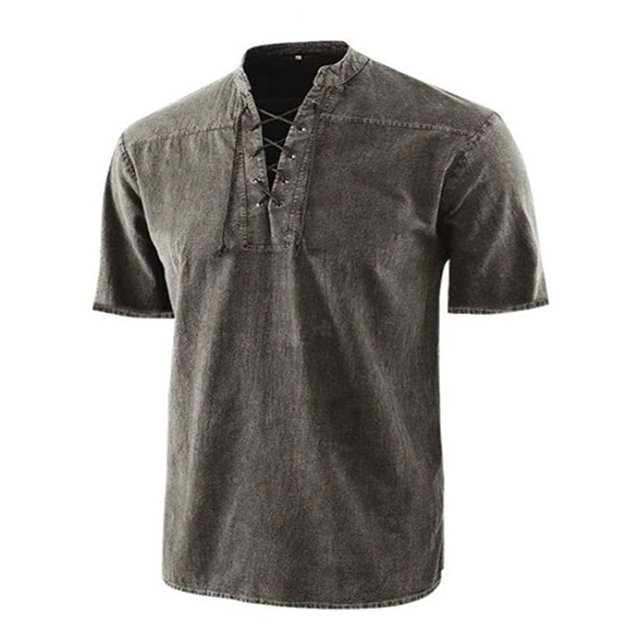 LUXUR Chemises pour Hommes Col Montant T-Shirt Manches Courtes Hauts Blouse Rétro Lacée Gris 4TG