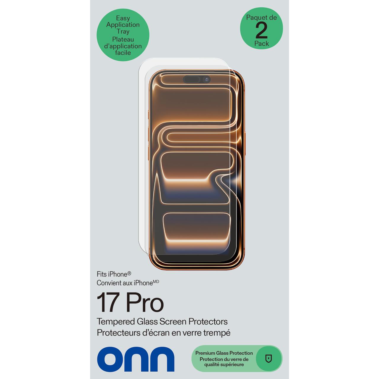 Onn Lot de 2 protecteurs d'écran en verre trempé de résistance supérieure aux rayures et aux chocs, pour iPhone 17 Pro