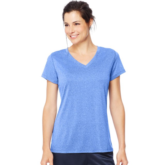 Hanes Womens Sport Heathered Performance V-Neck Tee, L, Awesome Blue Heather