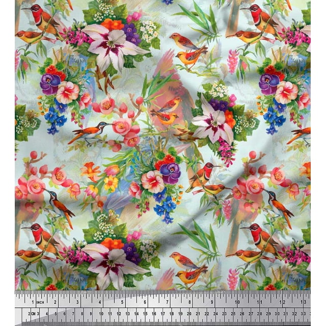 Soimoi Polyester Crepe Fabric Birds,Leaves & Lily Floral Print Fabric by The Yard 42 Inch Wide