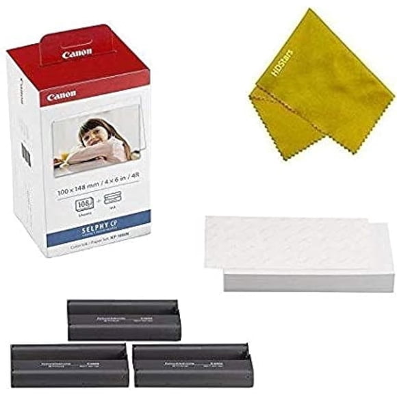 Canon KP-108 Po Cassette d'Encre 3 Couleurs et 108 Feuilles Papier 4 x 6 Lustré pour SELPHY CP1300, CP1200, CP910, CP900, CP760, CP770, CP780 CP800. Bonus : Chiffon Microfibre Photo de Qualité (Modèle International)