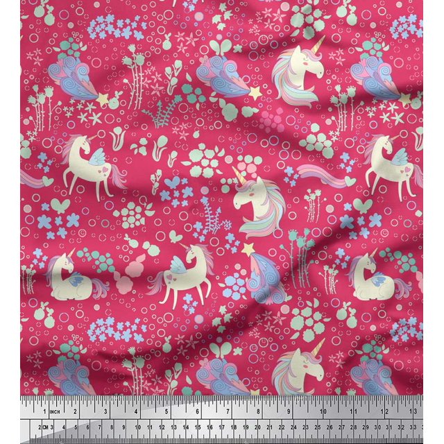 Soimoi Pink Modal Satin Fabric Unicorn & Floral Printed Fabric 1 Yard 42 Inch Wide