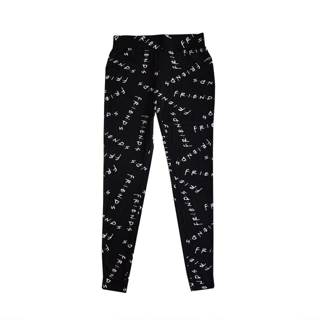 Ladies Disney Friends Logo All Over Print Leggings in black featuring an all-over white Friends logo graphic, made from 95% polyester and 5% spandex jersey fabric, offering a comfortable slim fit for women's bottoms, ideal for casual wear or lounging.