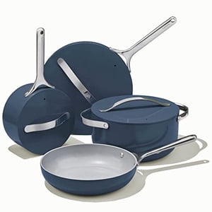 Ensemble de casseroles en céramique antiadhésives Caraway (12 pièces) - Casseroles, poêles, couvercles et rangement de cuisine - Non toxique, sans PTFE ni PFOA - Résistant au four et compatible avec toutes les plaques de cuisson (gaz, électrique et induction) - Marine