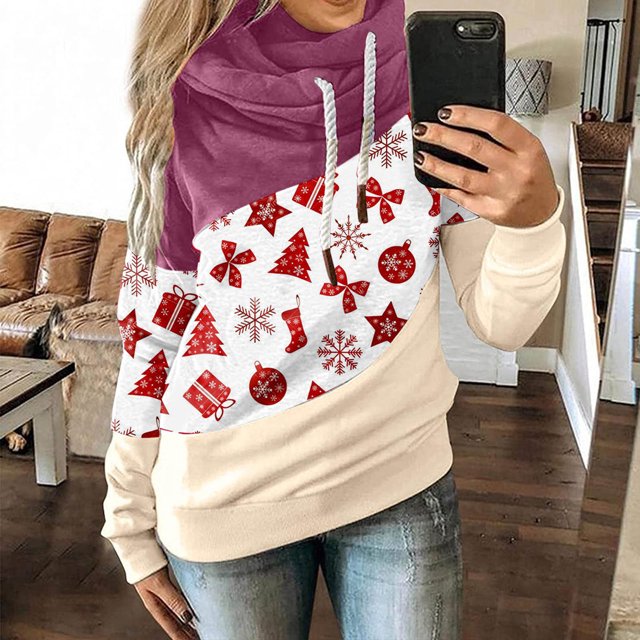 Women Christmas Printed Pullover Hoodies Long Sleeve Drawstring Hooded Tops Sweatshirt