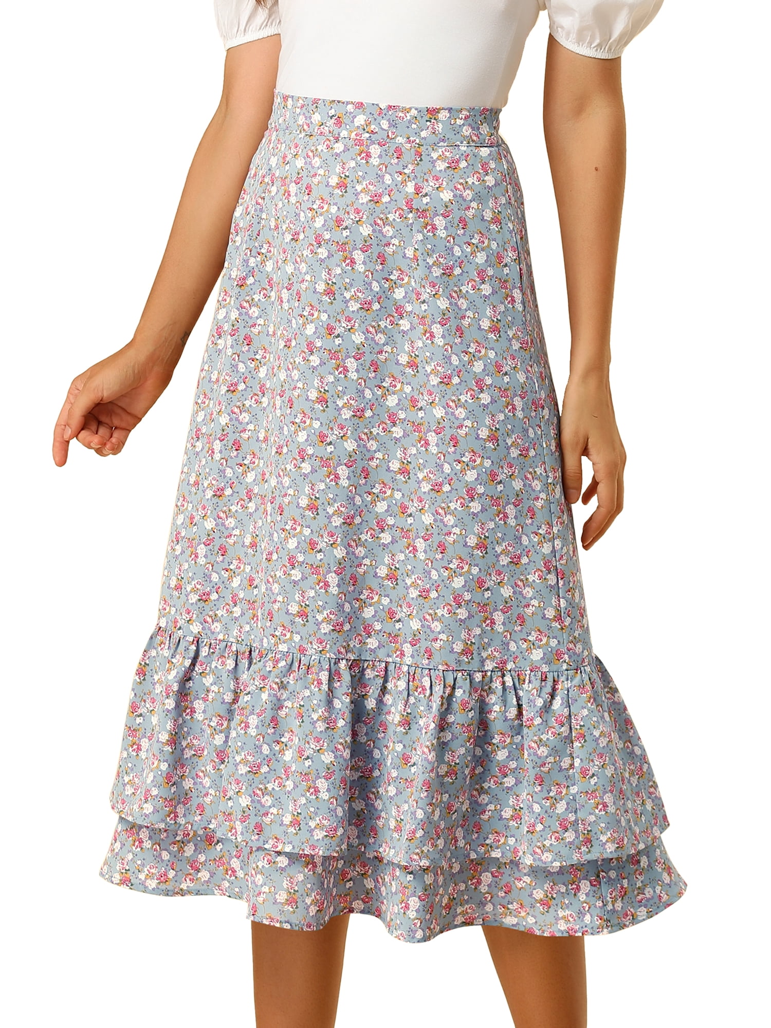 Unique Bargains Women's Floral Print Elastic Waist Ruffle Hem Midi Skirt