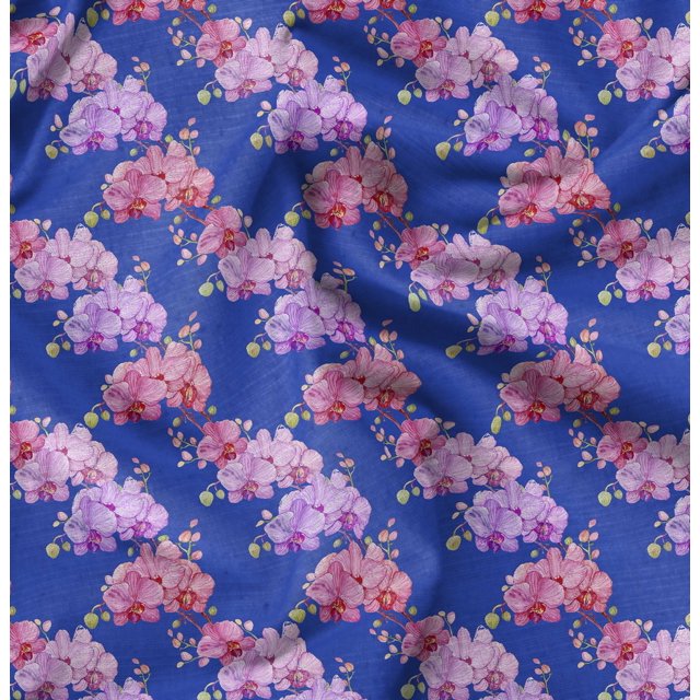 Soimoi Blue polyester Crepe Fabric Leaf Floral Print Fabric by the Yard 52 Inch Wide