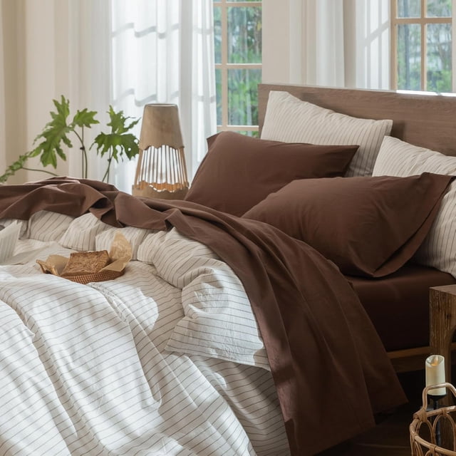 Bedding Sheet Set Washed Cotton Linen Like Textu Breathable Durable Soft Comfy (Dark Orange Queen)