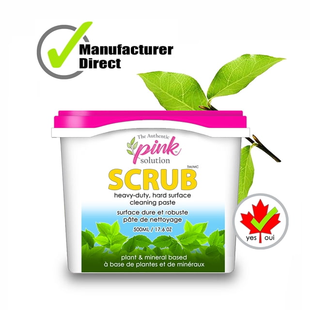 Pink Solution SCRUB heavy-duty hard surface cleaning paste in a 500ml container with a pink lid, plant and mineral based, non-toxic, eco-friendly household cleaner featuring green leaf graphics and bilingual English-French text, Canadian approved.