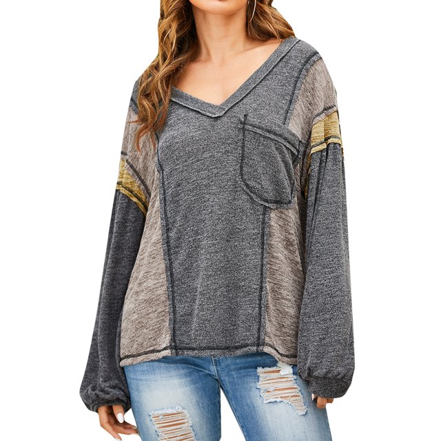 Femmes Poche avant Col V Manches Longues Pull-Over Chemise