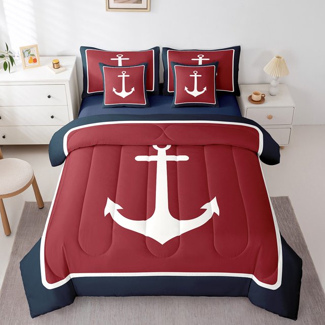 Erosebridal Nautical Anchor Bed In A Bag Full Size,Geometric Stripes Bed Set,Ocean Decoration,Reversible,Breathable,7-Piece