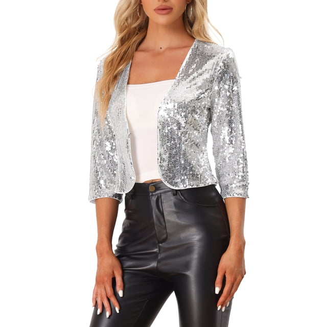INSPIRE CHIC Boléro à Paillettes pour Femme Manches 3/4 Ouvert à l'Avant Scintillant Brillant Blazer Court Vestes Argent TP