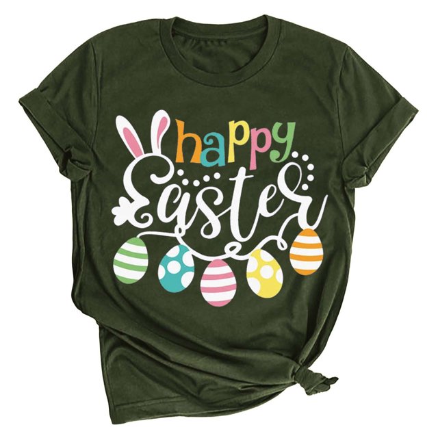 RKSTN Hauts pour Femmes 2024 Mode d'Été Lapin de Pâques Imprimé Manches Courtes Col Rond Hauts Mode Couleur Unie Doux Ample Blouse Grande Taille Hauts