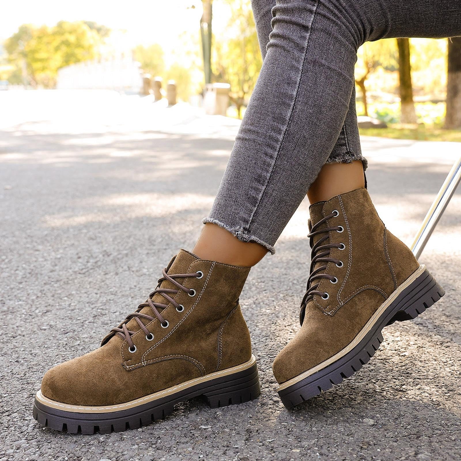 Women's Fashion Ankle Boots Low Heels Chunky Lace-up Combat Boot