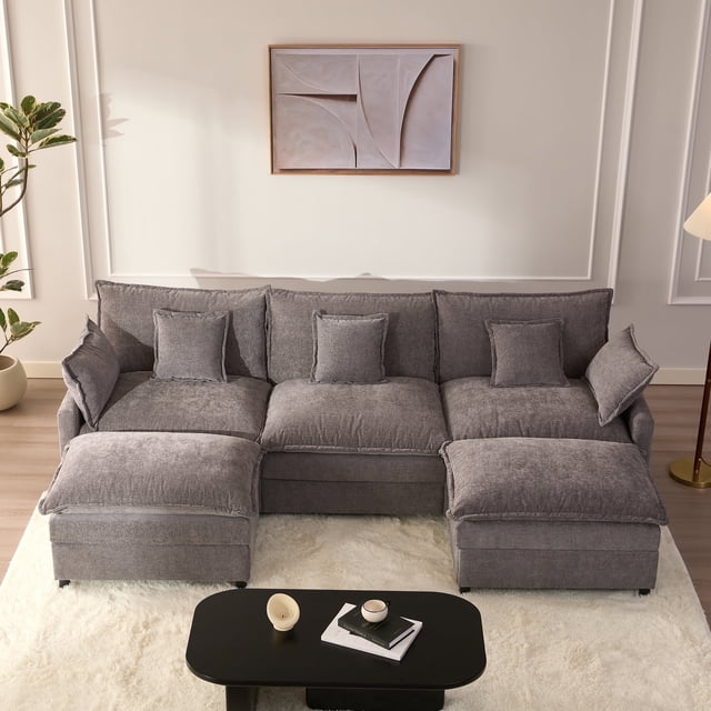 Bigsyy 3 - Seat Sectional Sofa Couch, Comfy Cloud Style, Deep Seat, Sleeper Function with Throw Pillows. Ideal for Adult - Occupied Living Rooms, Modern Design, Slate